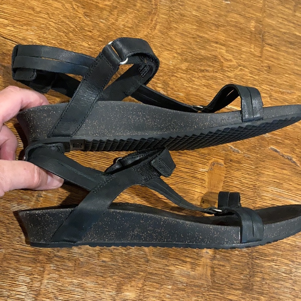 TEVA Leather black wedge cork sole sandals size 9